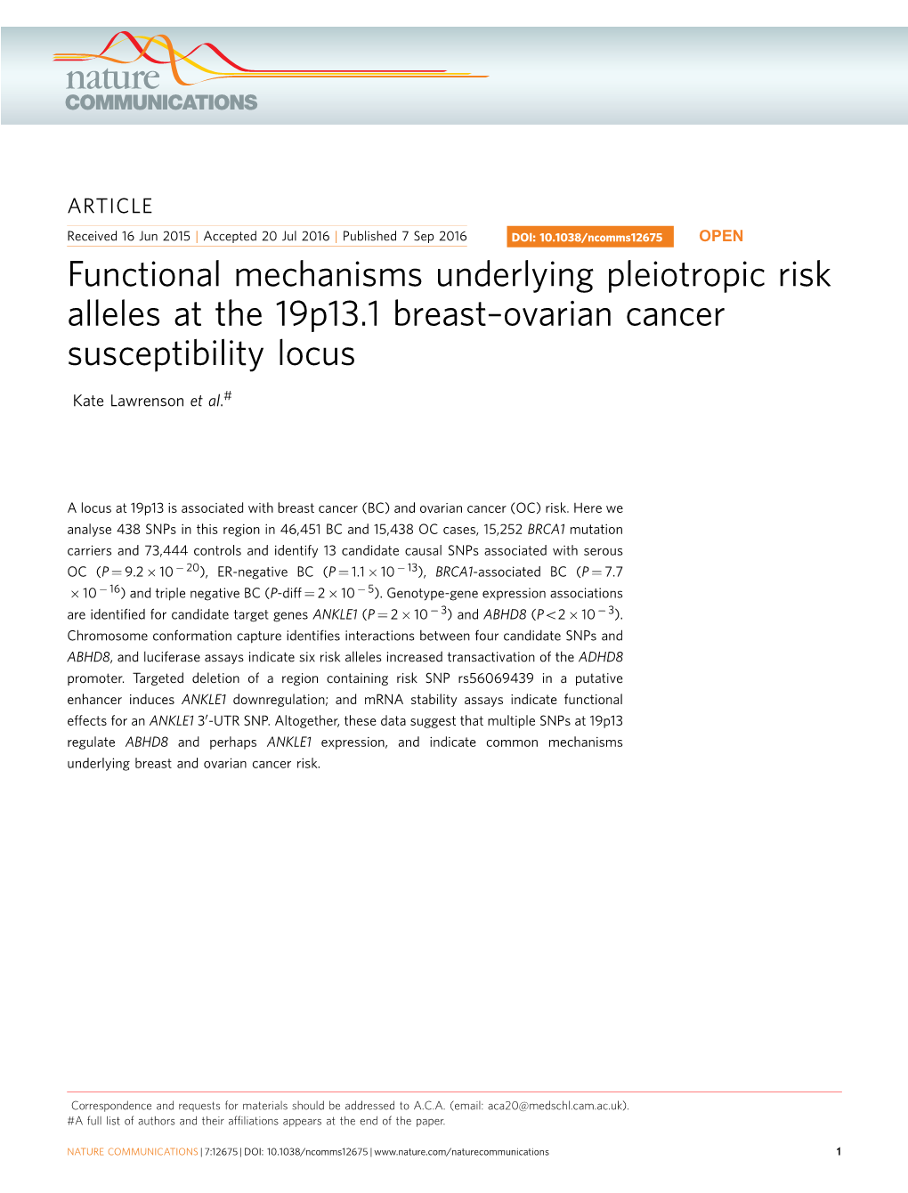 Functional Mechanisms Underlying Pleiotropic Risk Alleles at the 19P13.1 Breast&Ndash;Ovarian Cancer Susceptibility Locus