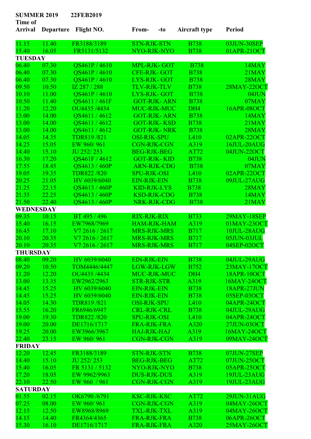 SUMMER 2019 22FEB2019 Time of Arrival Departure Flight NO