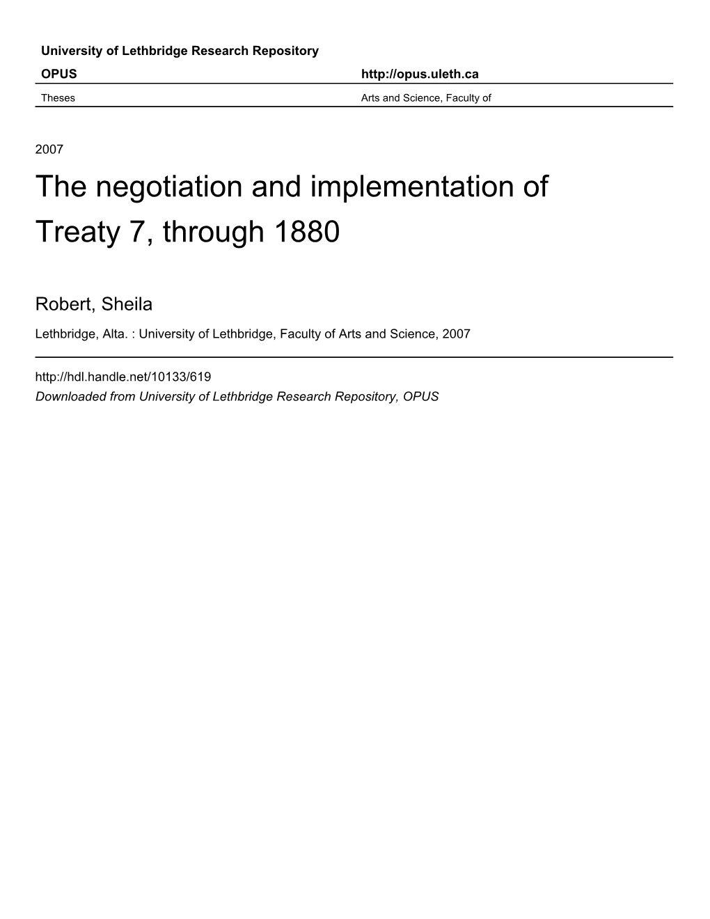 The Negotiation and Implementation of Treaty 7, Through 1880