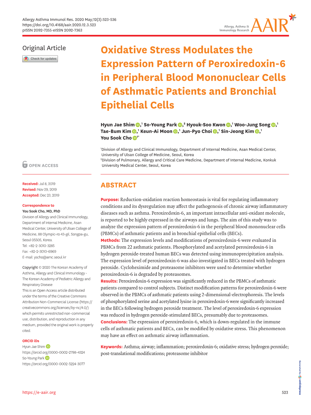 Oxidative Stress Modulates the Expression Pattern of Peroxiredoxin-6 in Peripheral Blood Mononuclear Cells of Asthmatic Patients and Bronchial Epithelial Cells