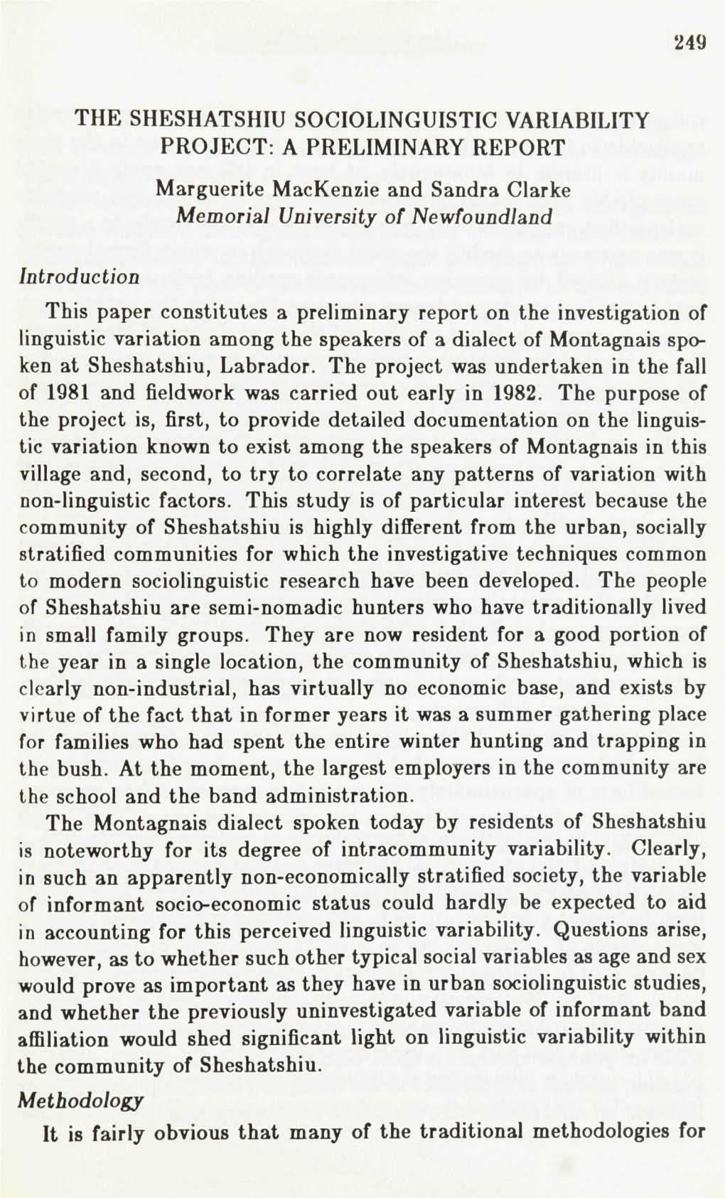 249 the Sheshatshiu Sociolinguistic Variability