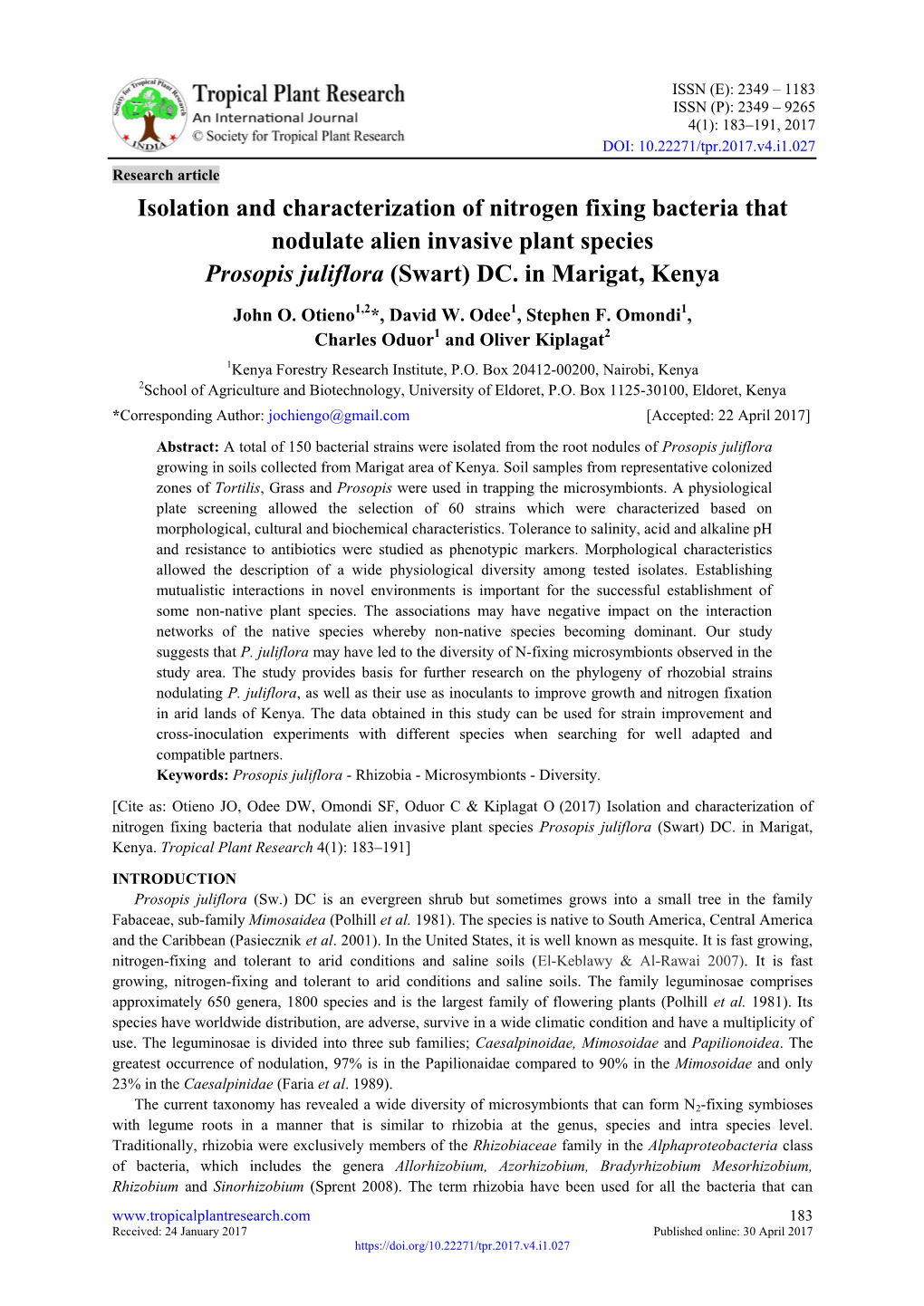 Isolation and Characterization of Nitrogen Fixing Bacteria That Nodulate Alien Invasive Plant Species Prosopis Juliflora (Swart) DC