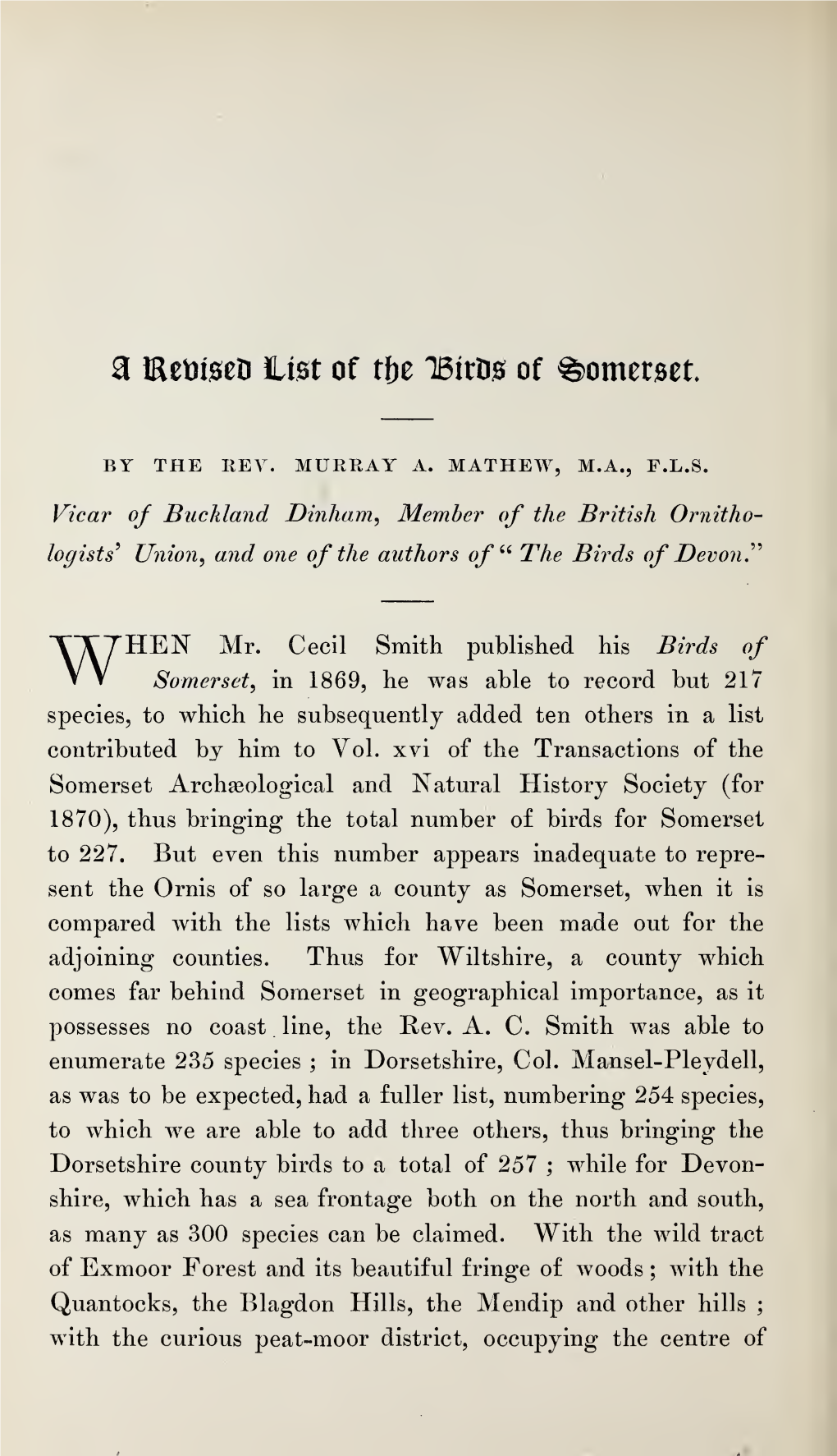 Mathew, M A, a Revised List of the Birds of Somerset, Part II, Volume 39