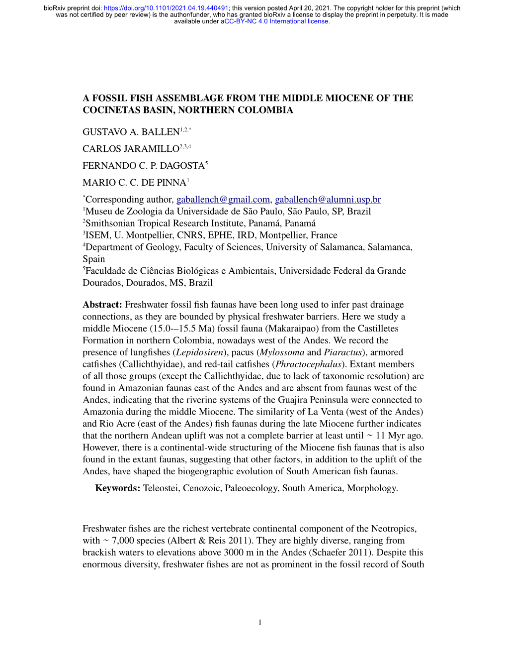 A Fossil Fish Assemblage from the Middle Miocene of the Cocinetas Basin, Northern Colombia