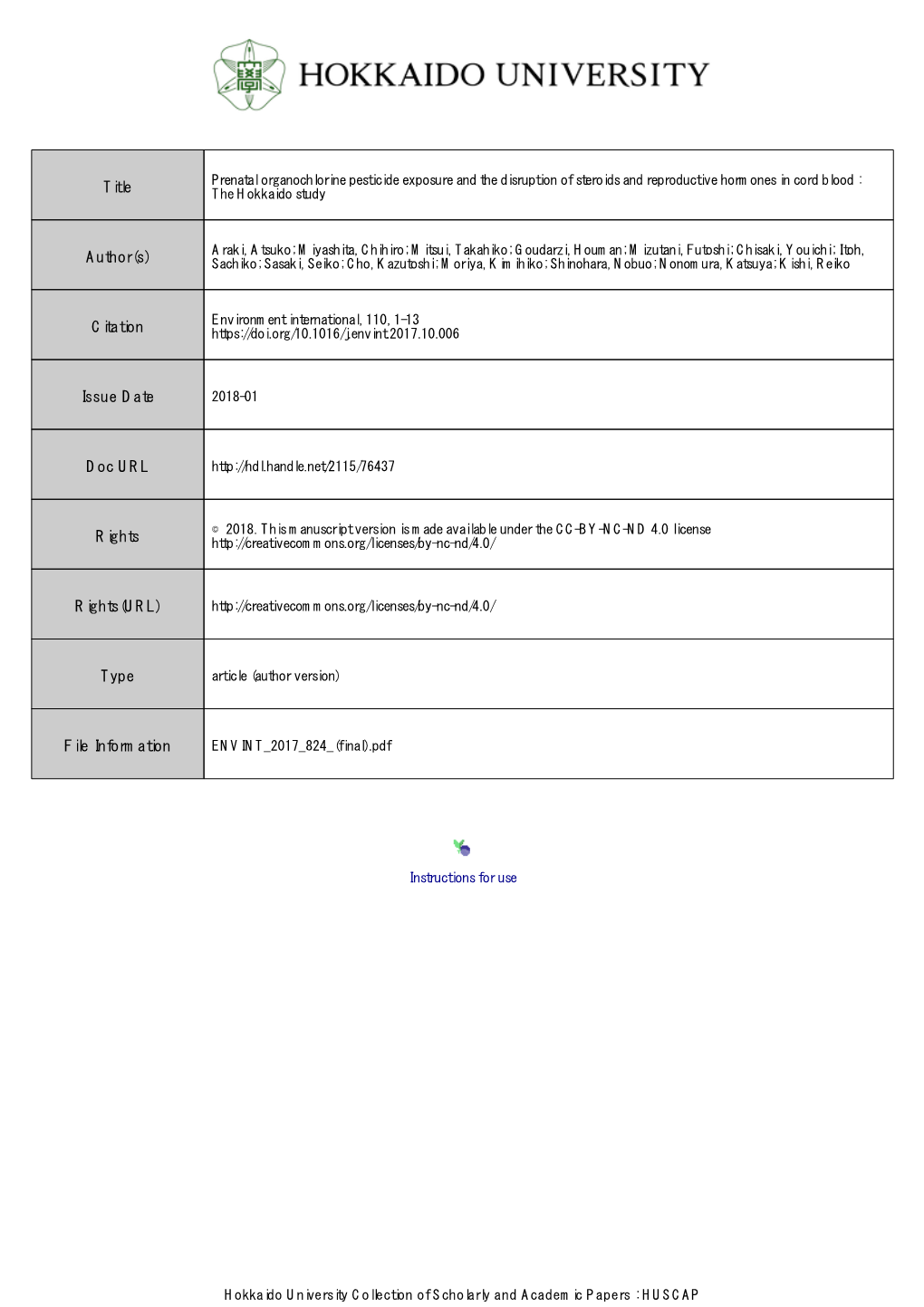 Prenatal Organochlorine Pesticide Exposure and the Disruption of Steroids and Reproductive Hormones in Cord Blood : Title the Hokkaido Study