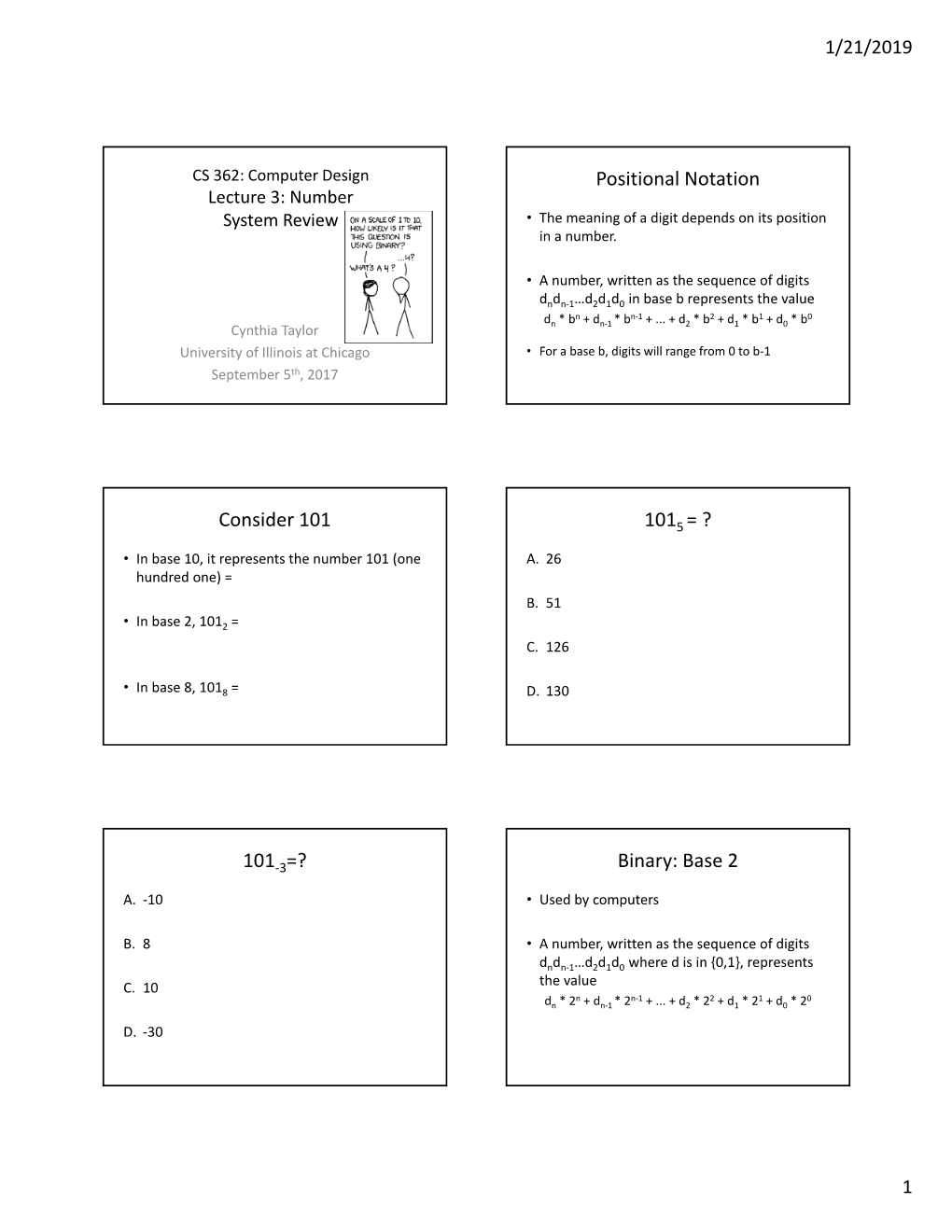 Positional Notation Consider 101 1015 = ? Binary: Base 2