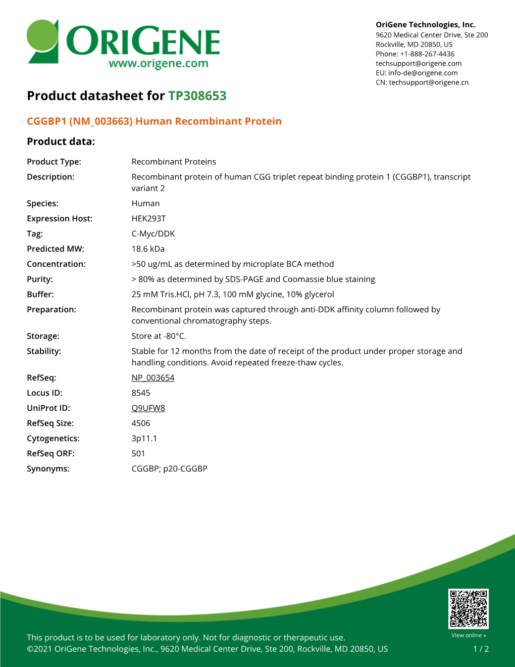 CGGBP1 (NM 003663) Human Recombinant Protein – TP308653