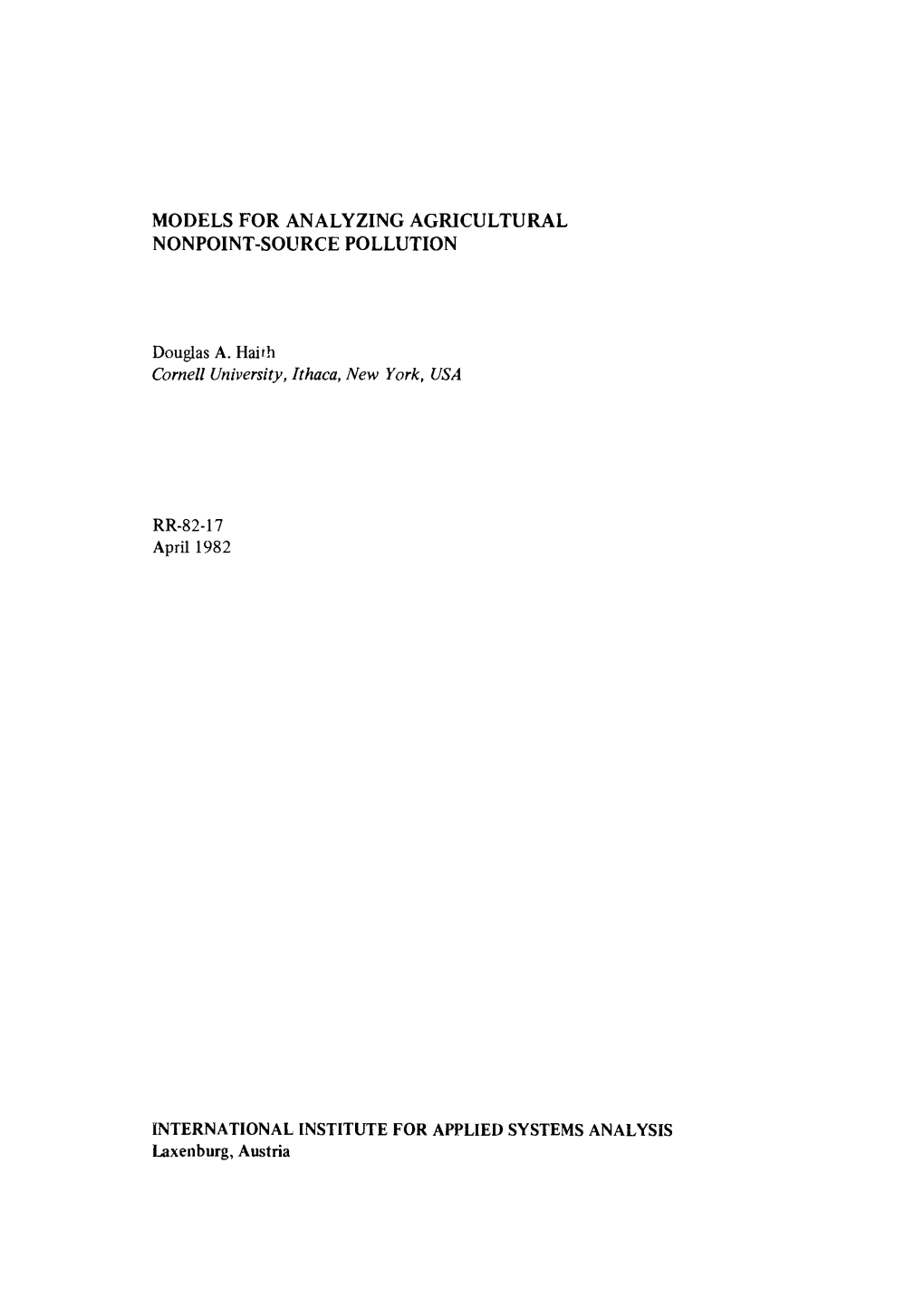 Models for Analyzing Agricultural Nonpoint-Source Pollution