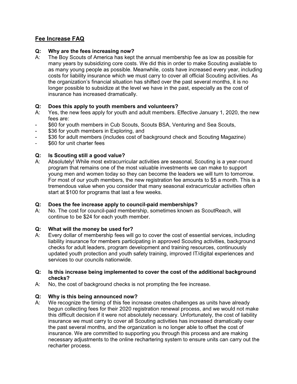 Fee Increase FAQ