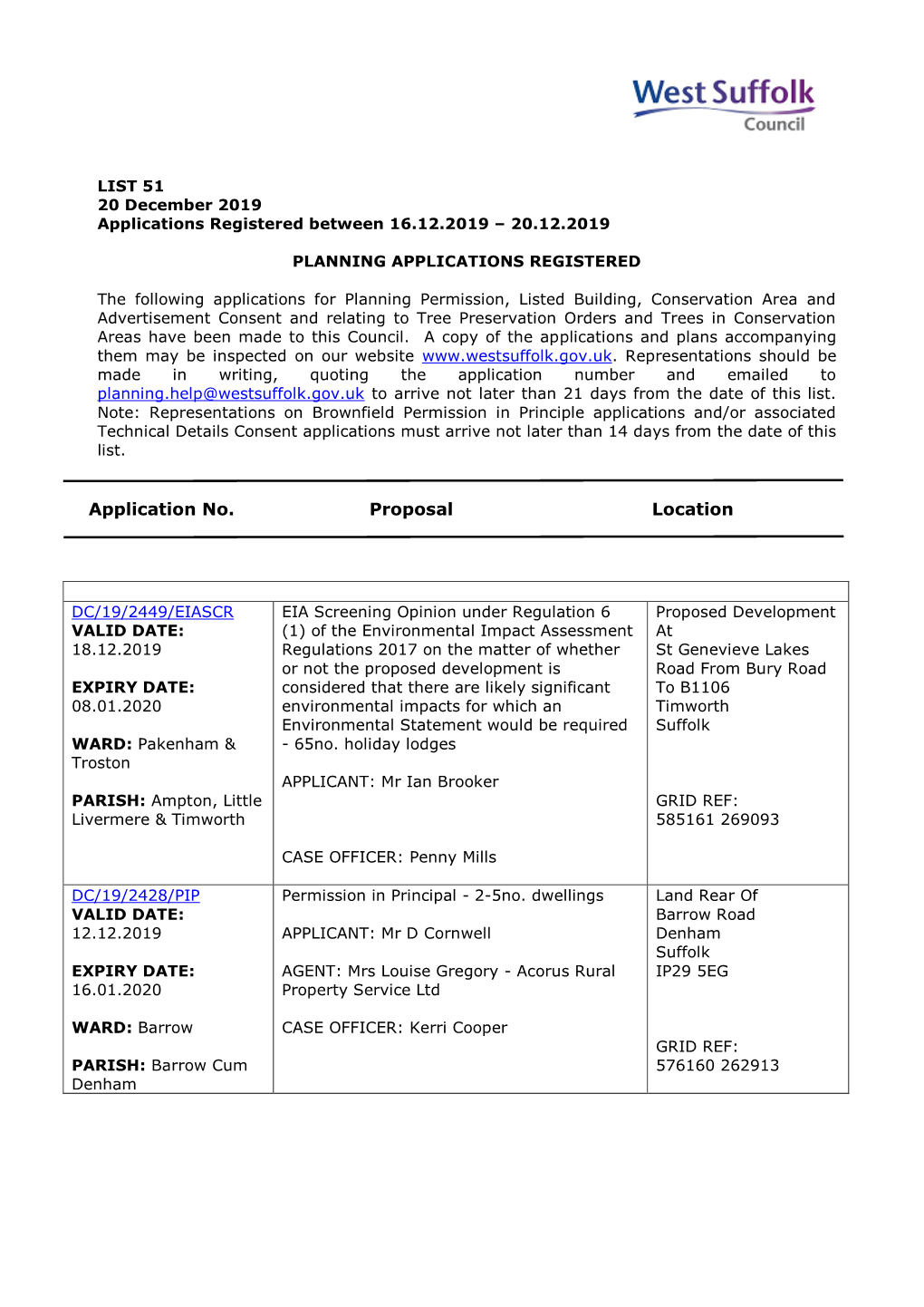 WSC Planning Applications 51/19