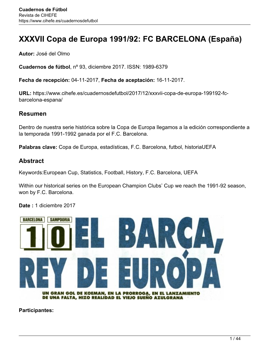 XXXVII Copa De Europa 1991/92: FC BARCELONA (España)