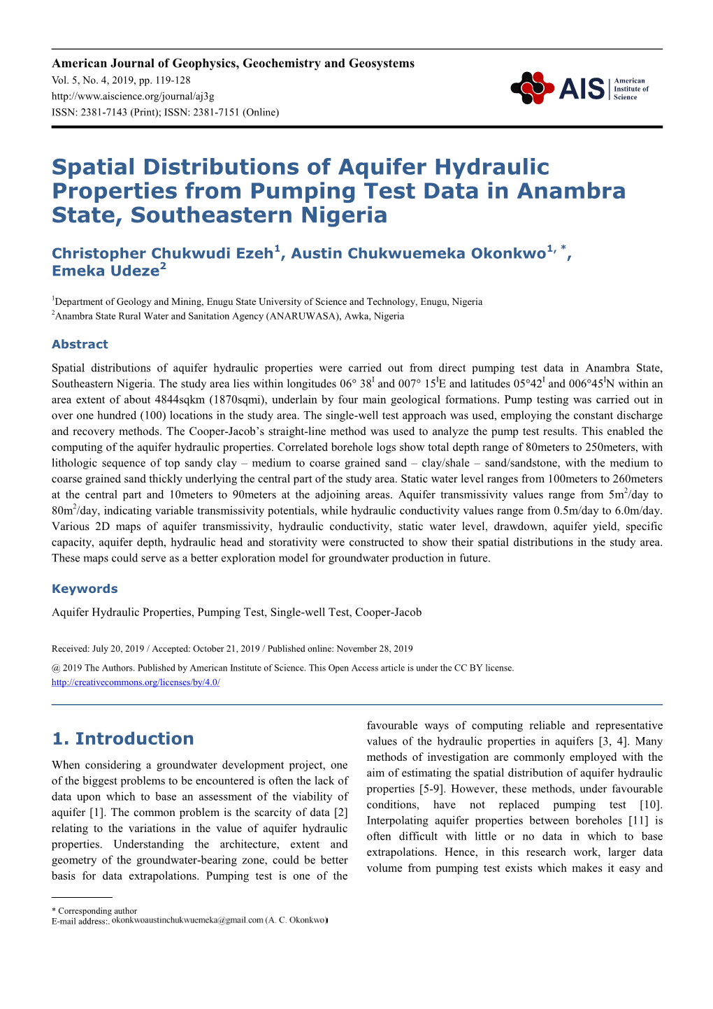 Spatial Distributions of Aquifer Hydraulic Properties from Pumping Test Data in Anambra State, Southeastern Nigeria