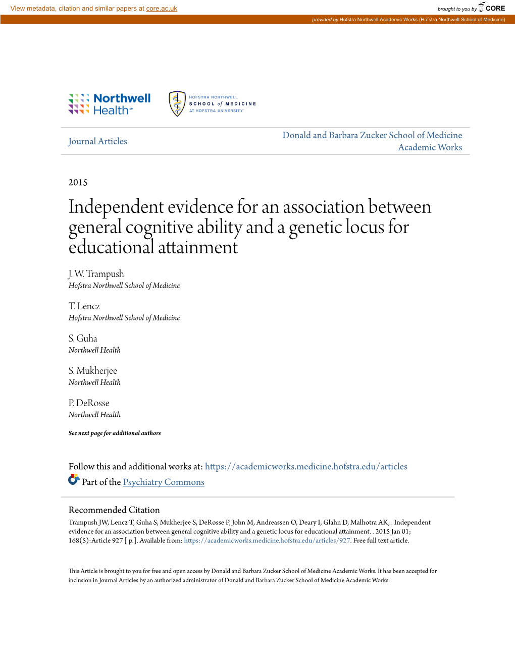 Independent Evidence for an Association Between General Cognitive Ability and a Genetic Locus for Educational Attainment J