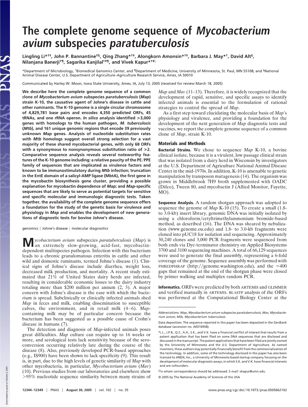 The Complete Genome Sequence of Mycobacterium Avium Subspecies Paratuberculosis