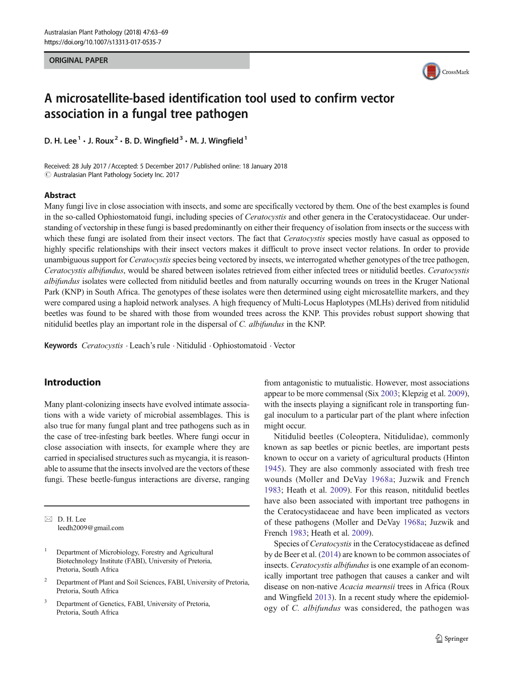 A Microsatellite-Based Identification Tool Used to Confirm Vector Association in a Fungal Tree Pathogen