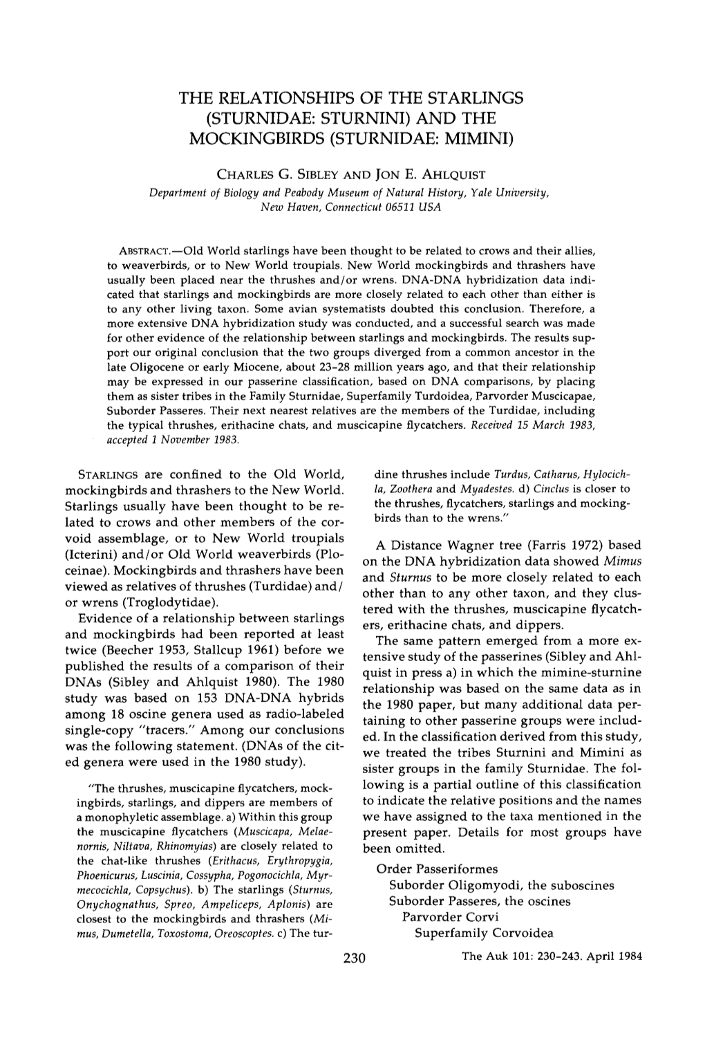 The Relationships of the Starlings (Sturnidae: Sturnini) and the Mockingbirds (Sturnidae: Mimini)