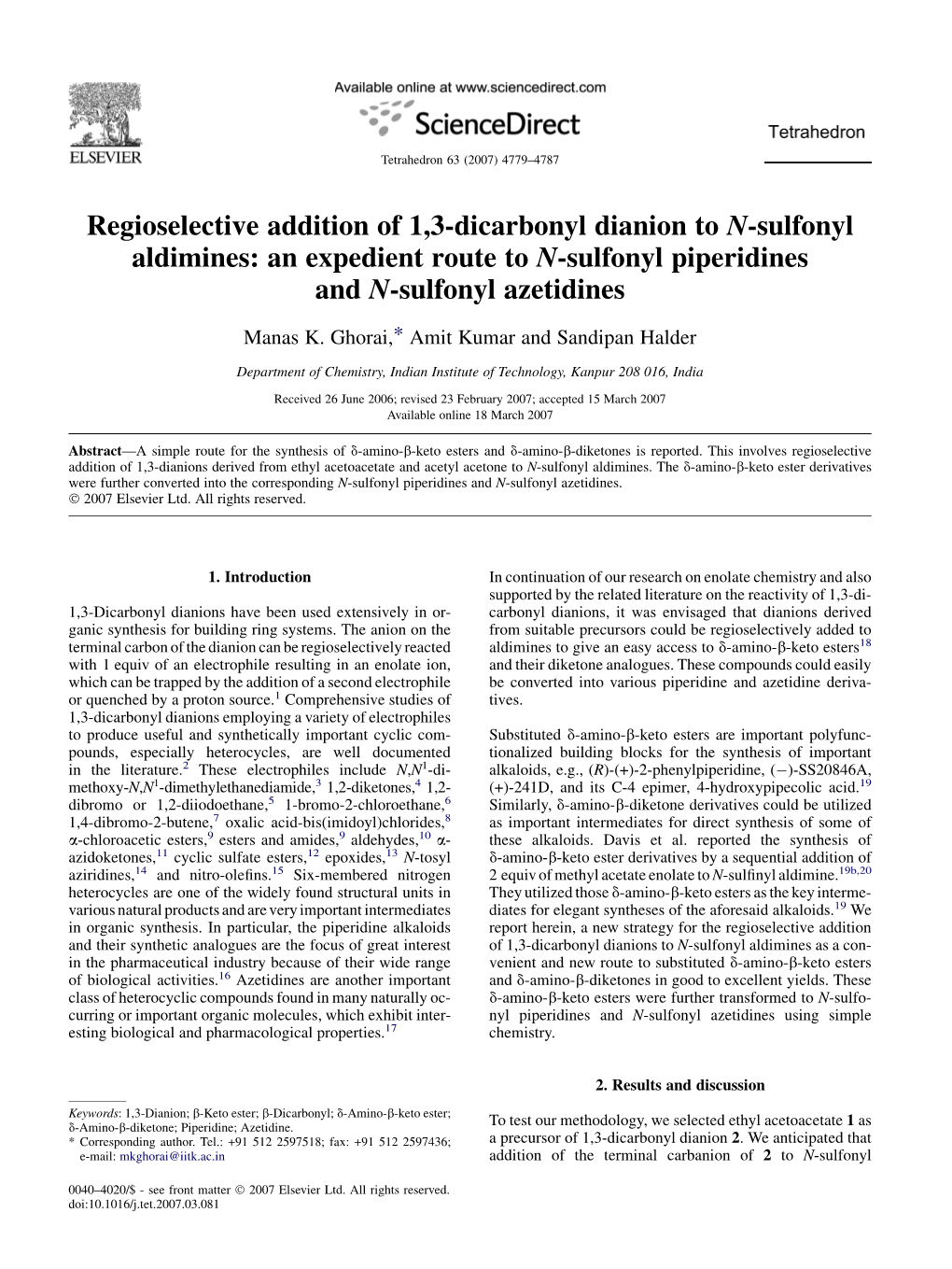 Regioselective Addition of 1,3-Dicarbonyl Dianion to N-Sulfonyl Aldimines: an Expedient Route to N-Sulfonyl Piperidines and N-Sulfonyl Azetidines