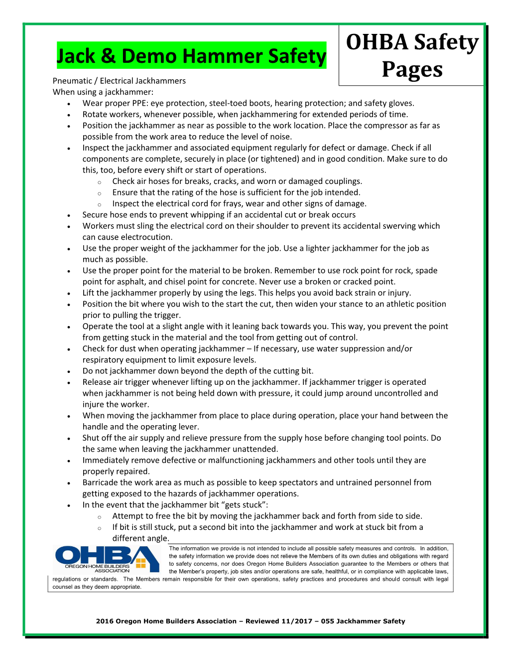 OHBA Safety Pages