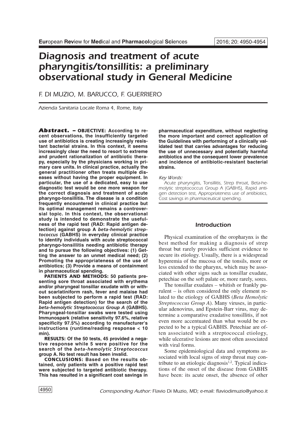 Diagnosis and Treatment of Acute Pharyngitis/Tonsillitis: a Preliminary Observational Study in General Medicine