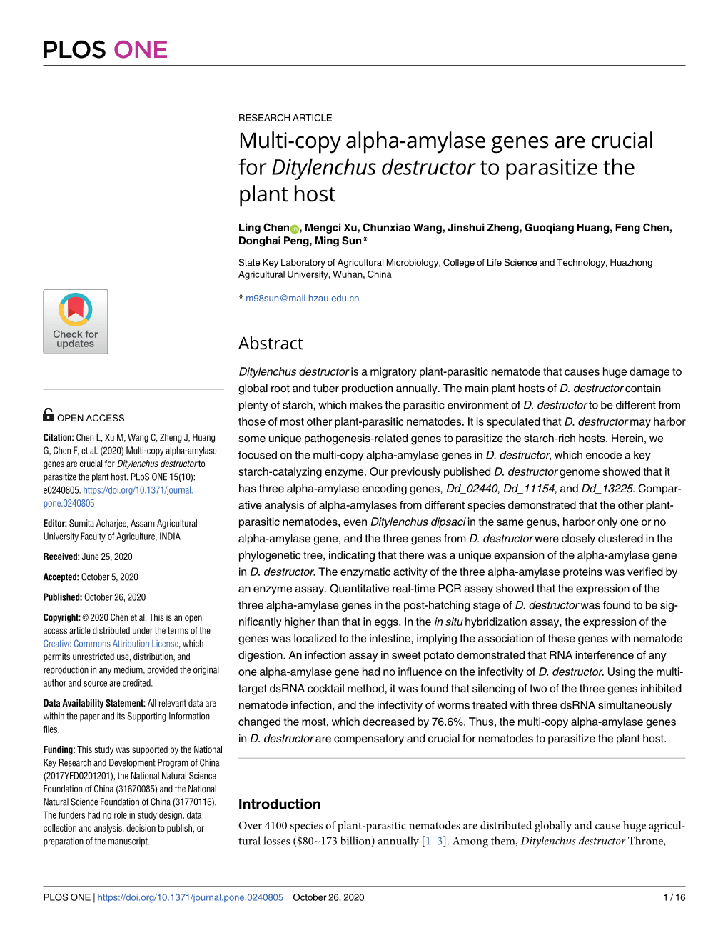 Multi-Copy Alpha-Amylase Genes Are Crucial for Ditylenchus Destructor to Parasitize the Plant Host