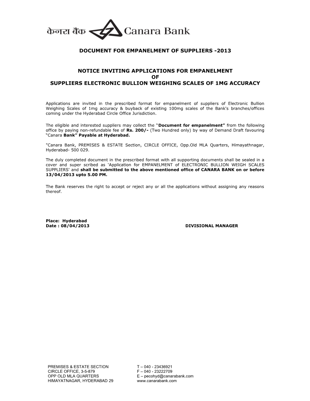 Document for Empanelment of Suppliers -2013