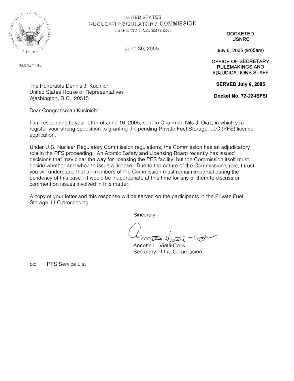 2005/06/30-Letter from Annette L. Vietti-Cook to Congressman Dennis