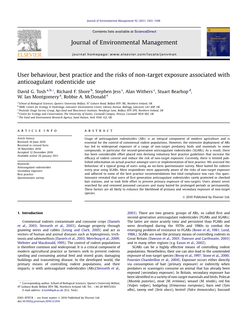 User Behaviour, Best Practice and the Risks of Non-Target Exposure Associated with Anticoagulant Rodenticide Use Journal of Envi