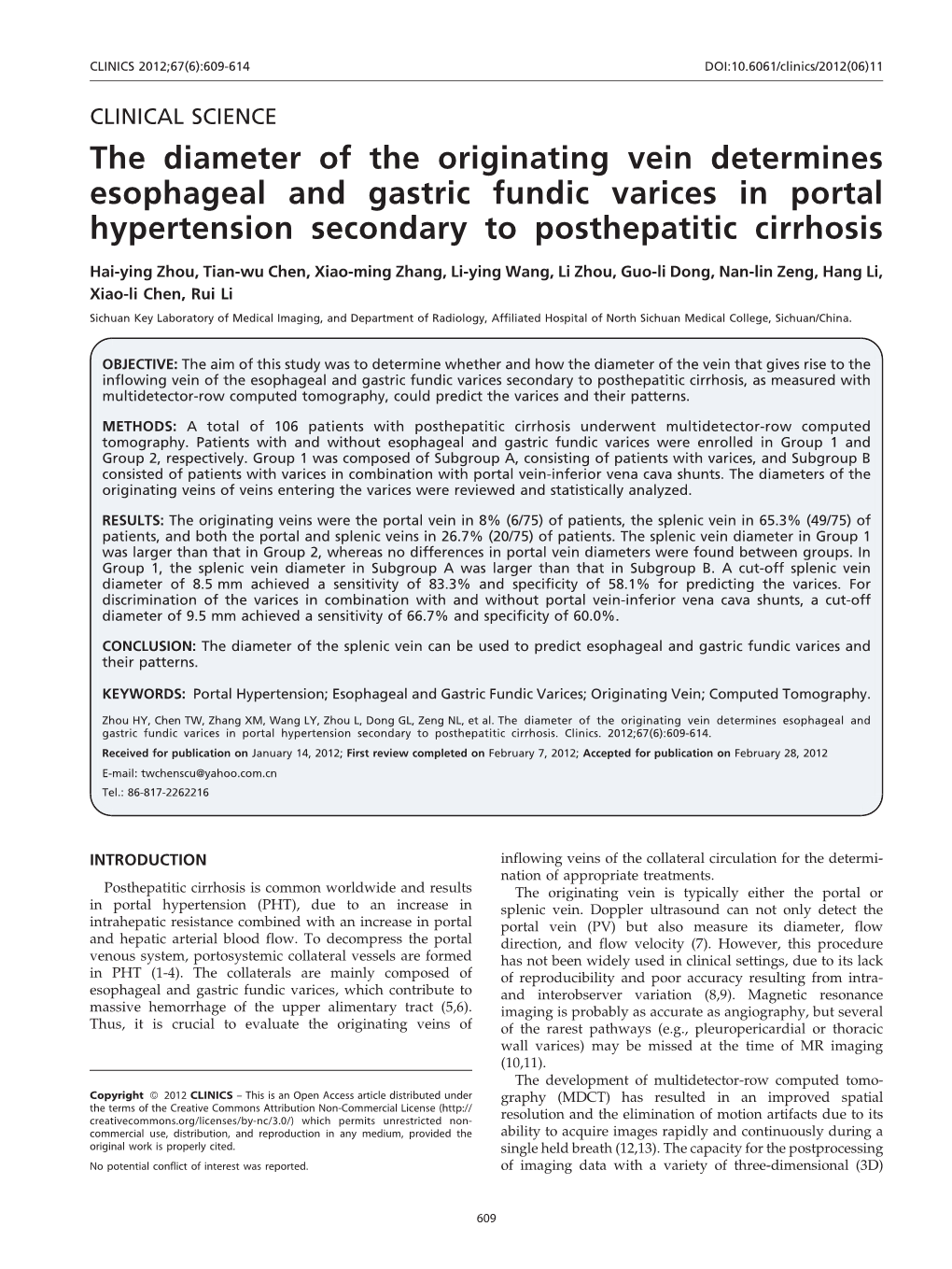 The Diameter of the Originating Vein Determines Esophageal and Gastric Fundic Varices in Portal Hypertension Secondary to Posthepatitic Cirrhosis