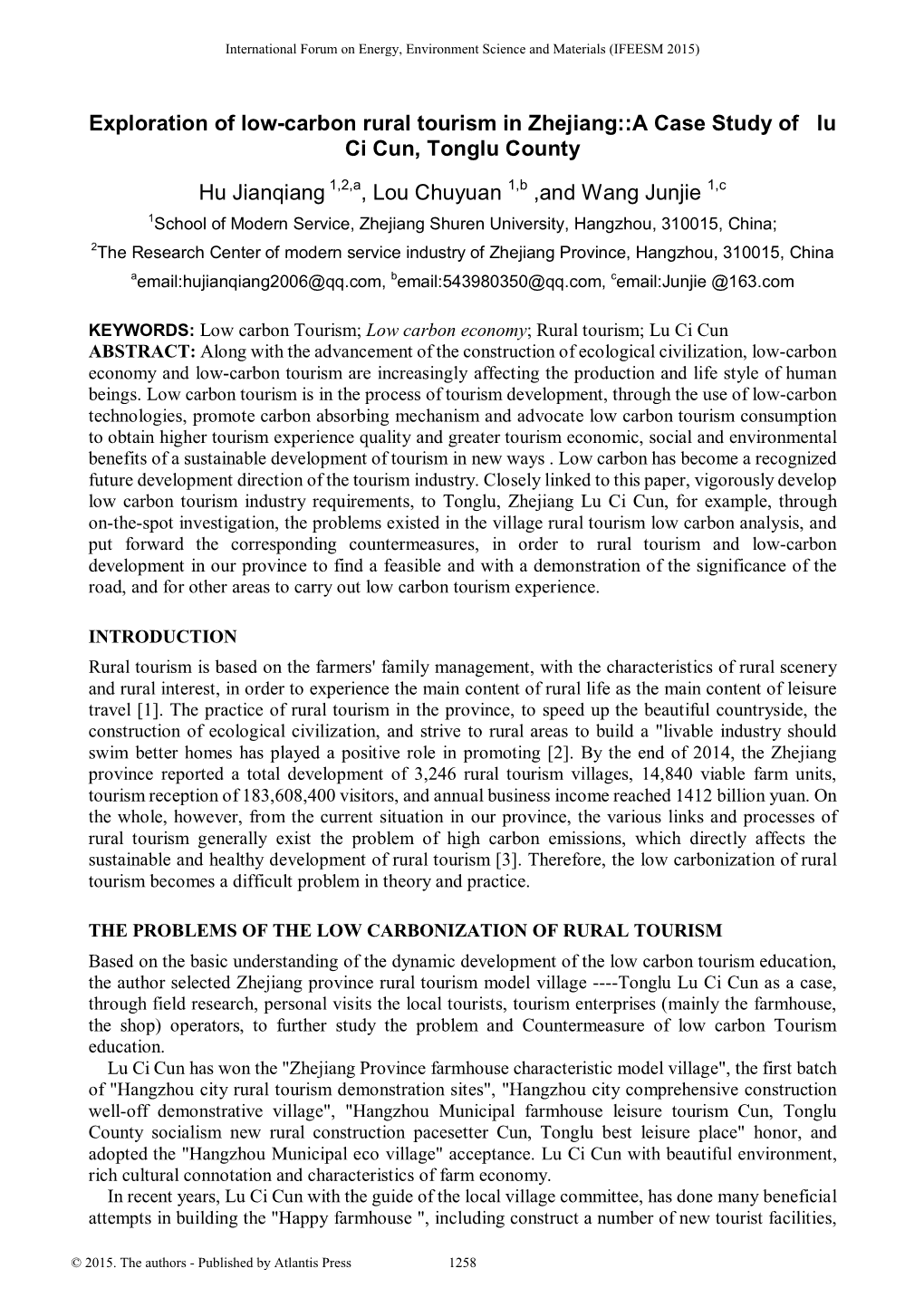 Exploration of Low-Carbon Rural Tourism in Zhejiang::A Case Study of Lu Ci Cun, Tonglu County