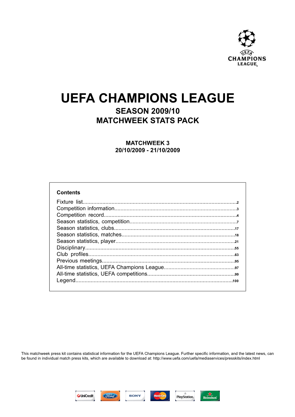 Uefa Champions League Season 2009/10 Matchweek Stats Pack