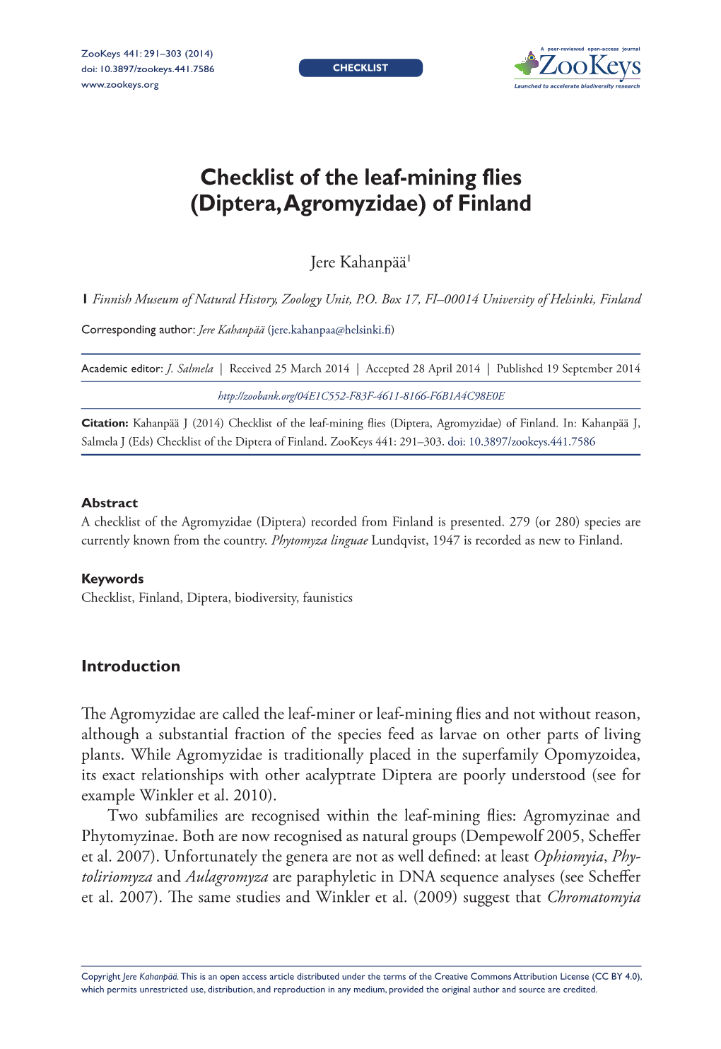 Checklist of the Leaf-Mining Flies (Diptera, Agromyzidae) of Finland