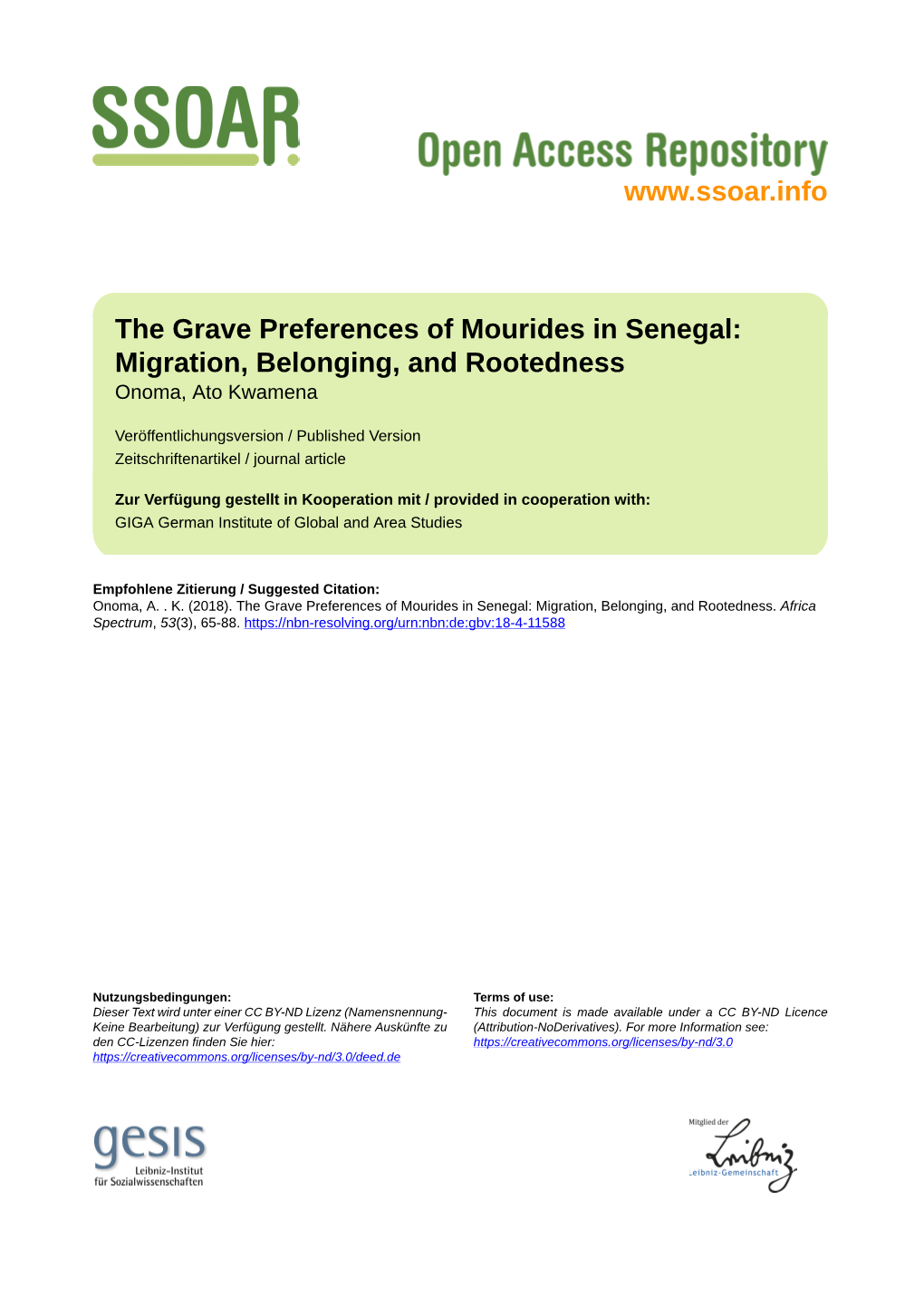 The Grave Preferences of Mourides in Senegal: Migration, Belonging, and Rootedness Onoma, Ato Kwamena