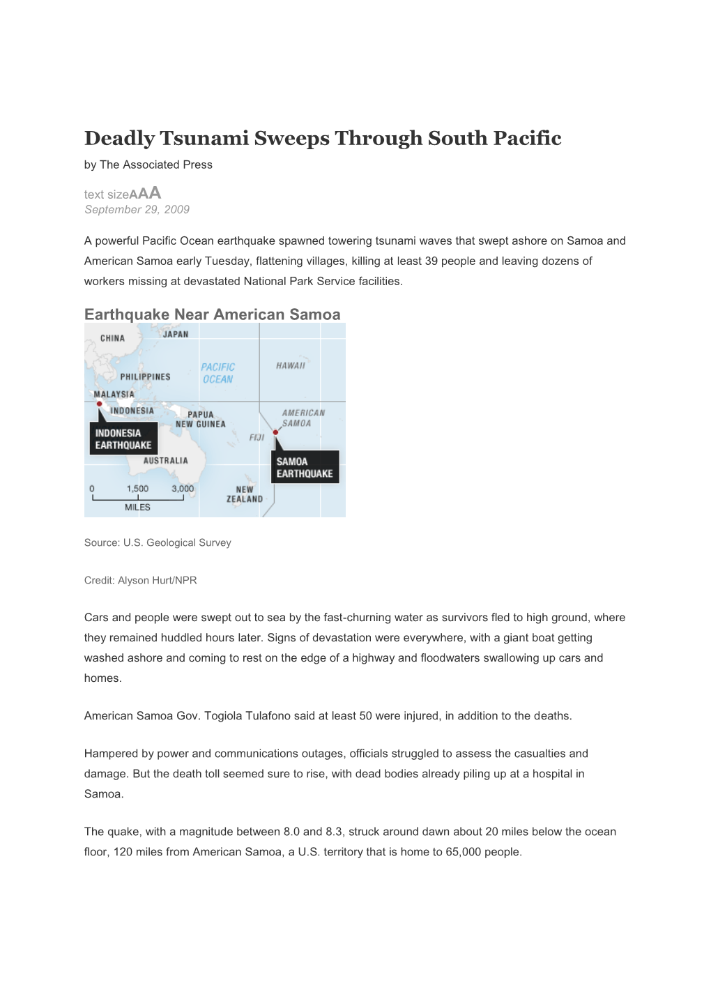 Deadly Tsunami Sweeps Through South Pacific by the Associated Press Text Sizeaaa September 29, 2009