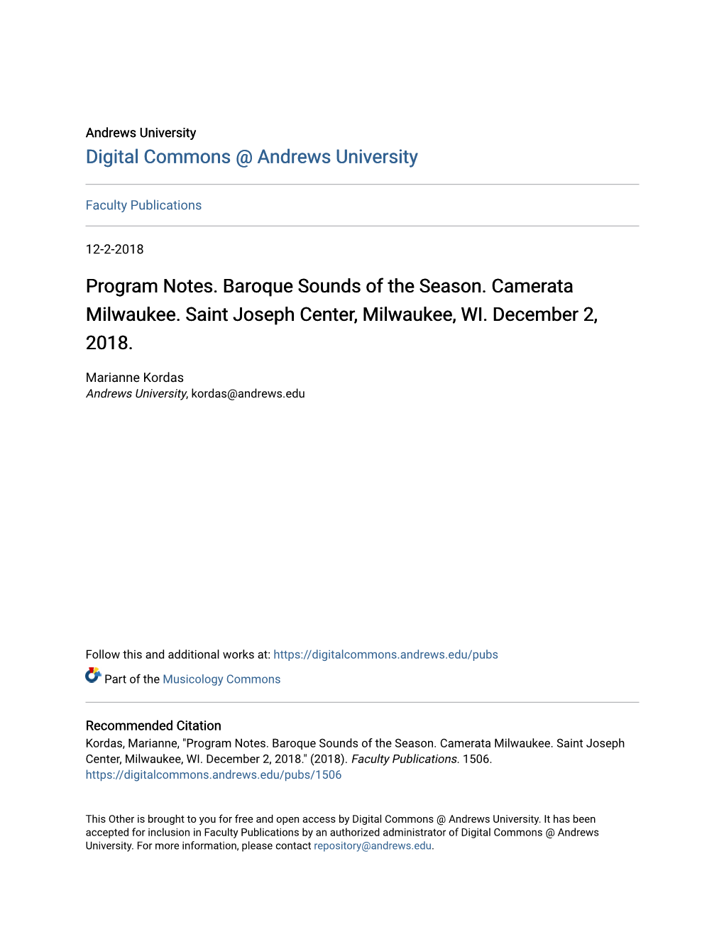 Program Notes. Baroque Sounds of the Season. Camerata Milwaukee. Saint Joseph Center, Milwaukee, WI. December 2, 2018