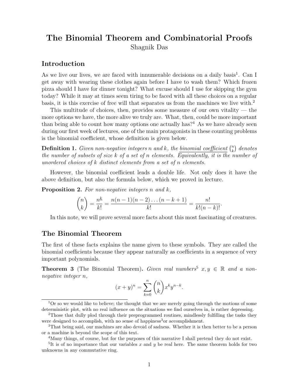 The Binomial Theorem and Combinatorial Proofs Shagnik Das