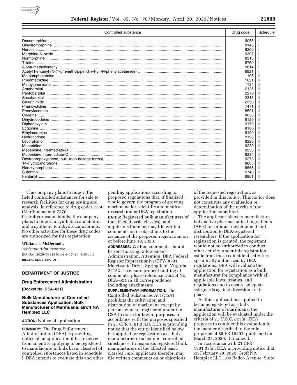 Federal Register/Vol. 85, No. 76/Monday, April 20, 2020/Notices