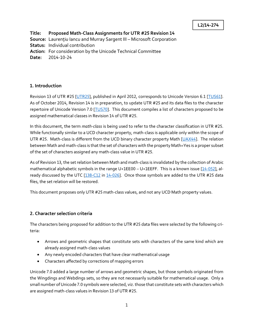 L2/14-274 Title: Proposed Math-Class Assignments for UTR #25