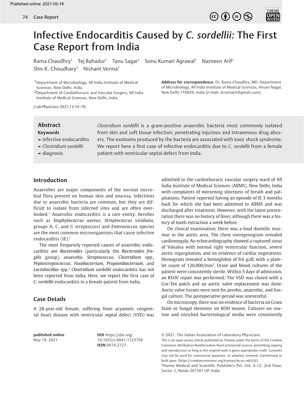 Infective Endocarditis Caused by C. Sordellii: the First Case Report from India