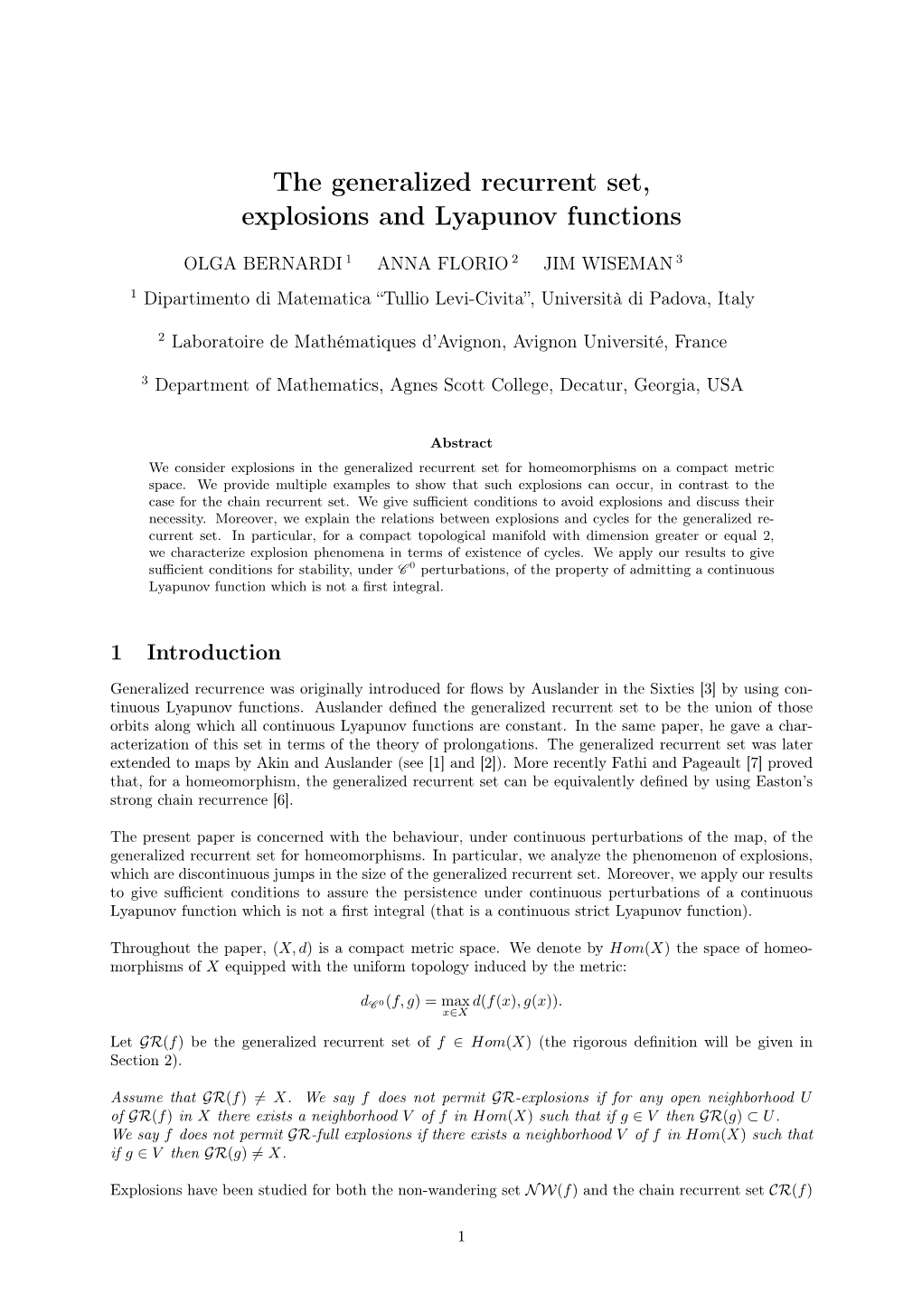 The Generalized Recurrent Set, Explosions and Lyapunov Functions