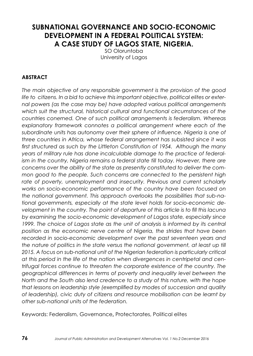 Subnational Governance and Socio-Economic Development in a Federal Political System: a Case Study of Lagos State, Nigeria