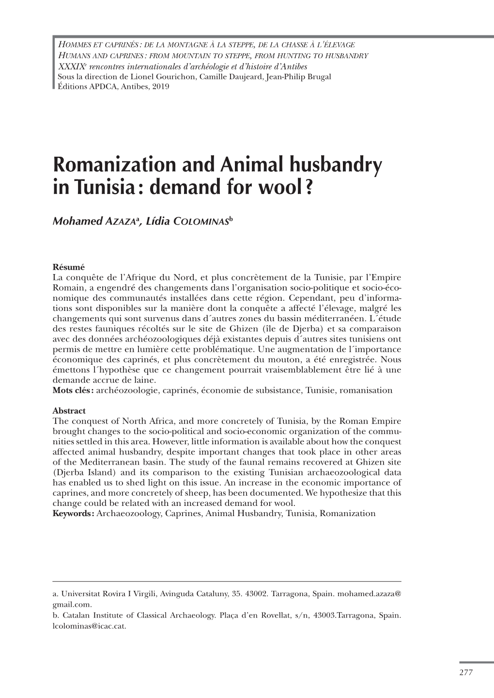 Romanization and Animal Husbandry in Tunisia : Demand for Wool ?