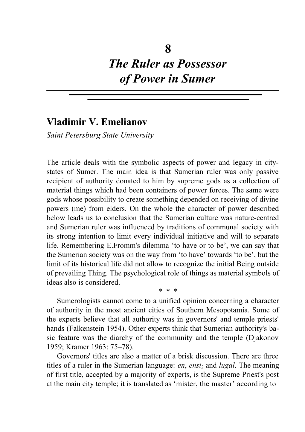 Emelianov / the Ruler As Possessor of Power in Sumer 195