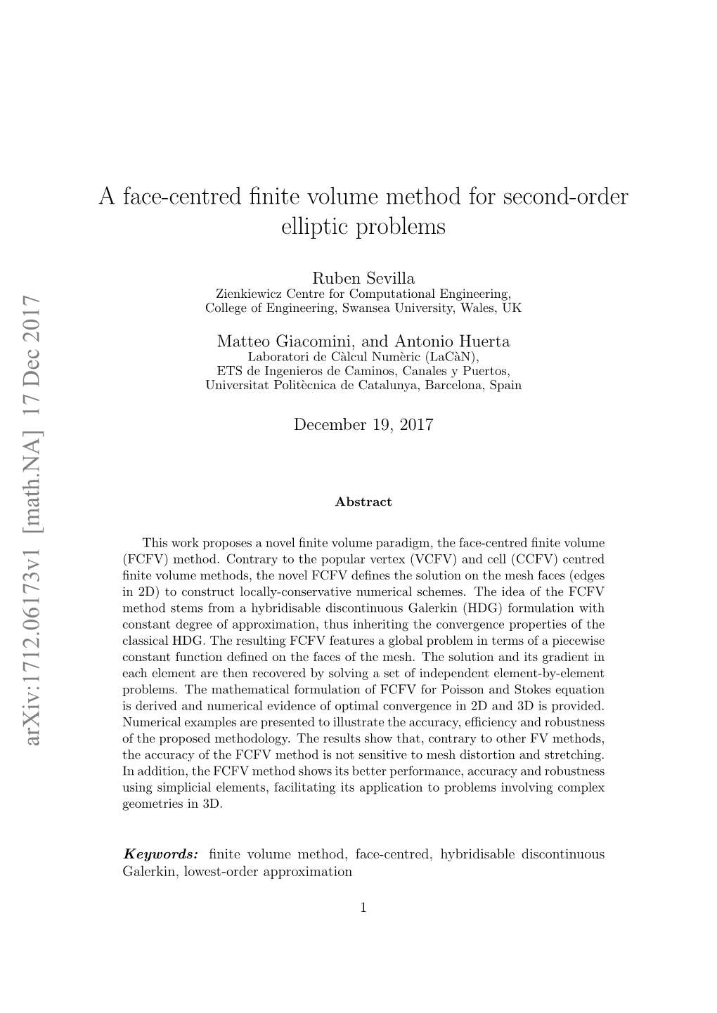 A Face-Centred Finite Volume Method for Second-Order Elliptic Problems