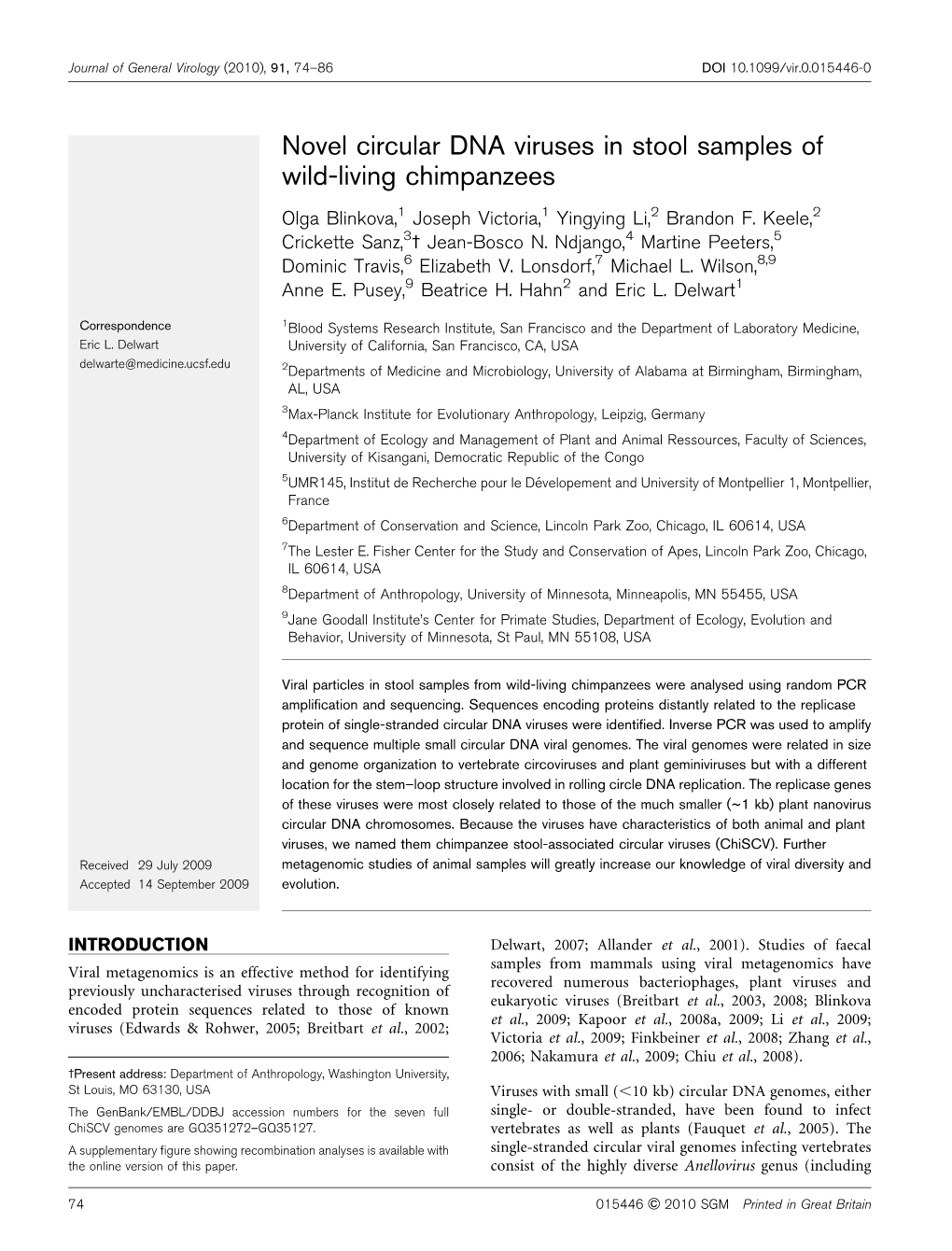 Novel Circular DNA Viruses in Stool Samples of Wild-Living Chimpanzees