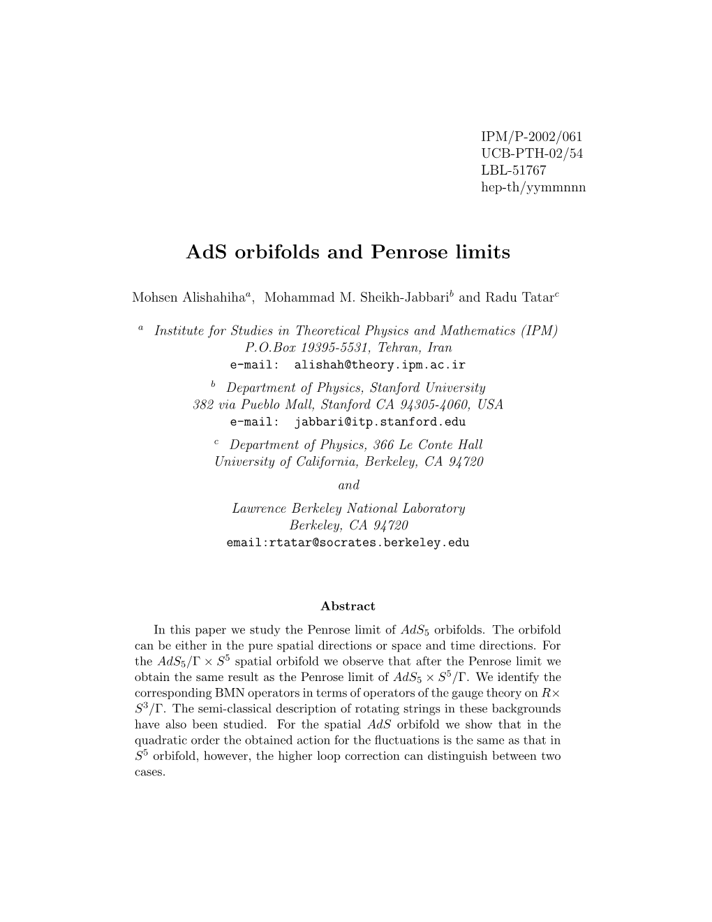 Ads Orbifolds and Penrose Limits