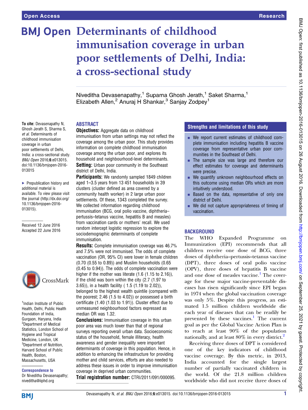 Determinants of Childhood Immunisation Coverage in Urban Poor Settlements of Delhi, India: a Cross-Sectional Study
