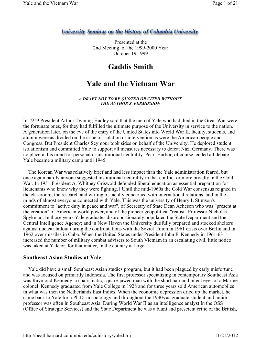 Gaddis Smith Yale and the Vietnam