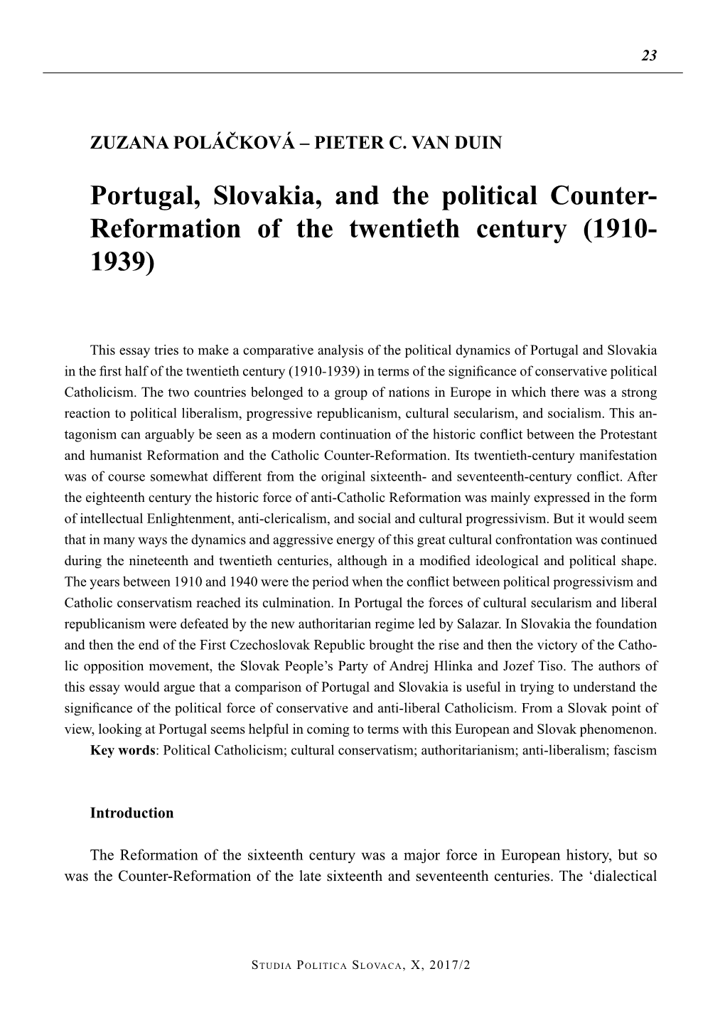 Portugal, Slovakia, and the Political Counter- Reformation of the Twentieth Century (1910- 1939)