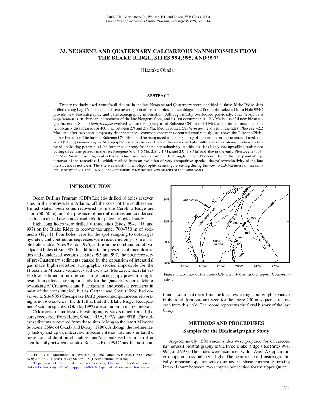 33. Neogene and Quaternary Calcareous Nannofossils from the Blake Ridge, Sites 994, 995, and 9971