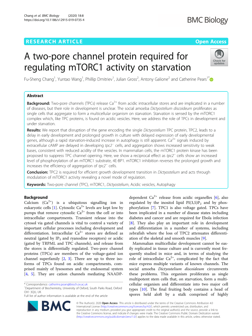 A Two-Pore Channel Protein Required for Regulating Mtorc1 Activity On